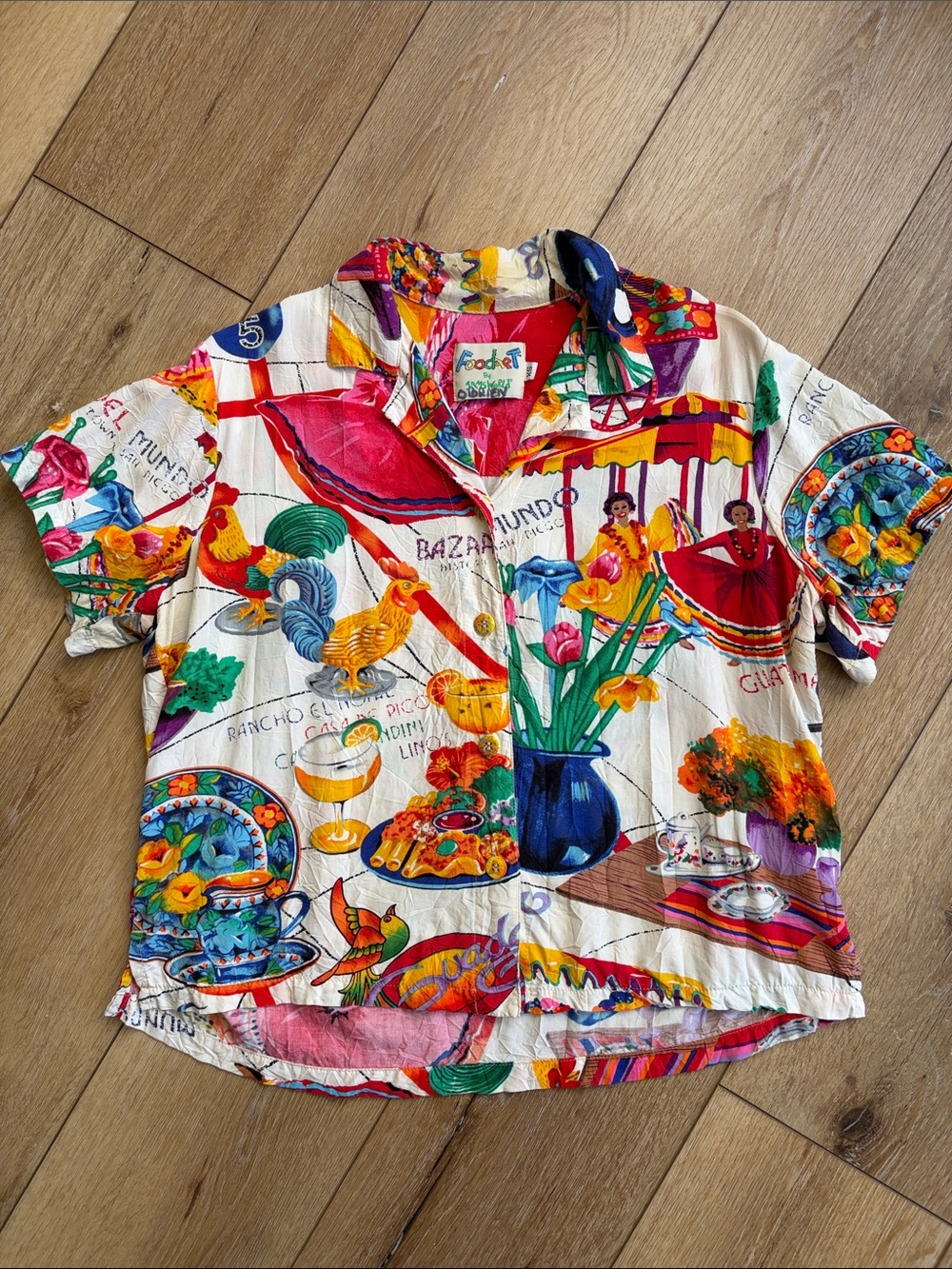 Vintage Jams World Food Art Shirt Womens xs Short Sleeve Mexican FLAW READ